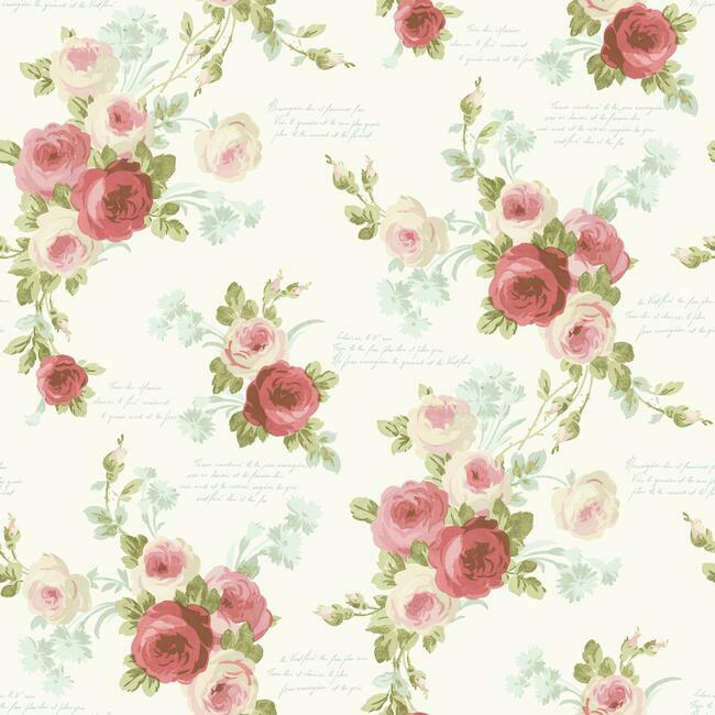 Magnolia Home Heirloom Rose Wallpaper - Coral and Light Blue