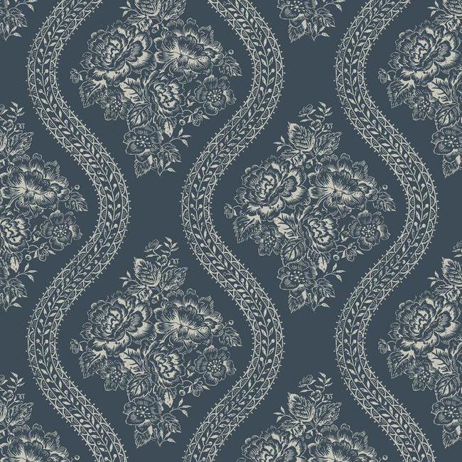 Magnolia Home Coverlet Floral Wallpaper - Taupe on Navy