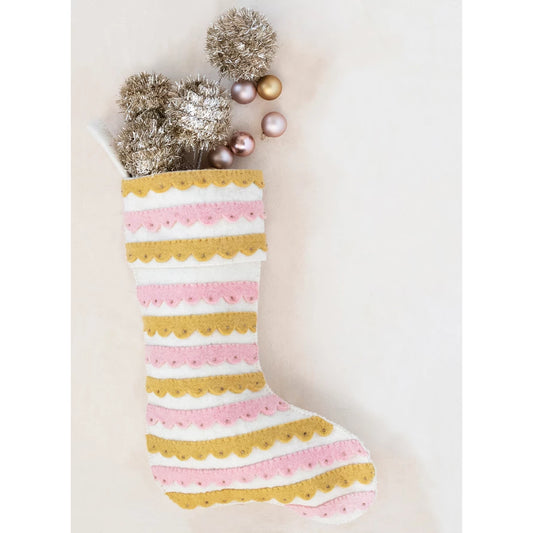 Scalloped Wool Felt Stocking - Pink and Mustard