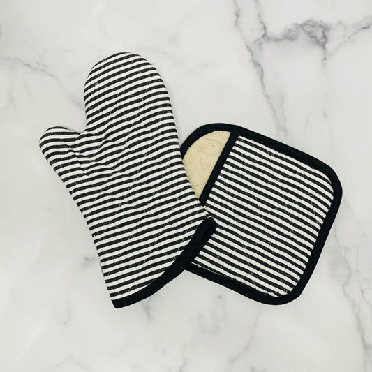 Pot Holder Oven Mitt Set - Pinstripe Black