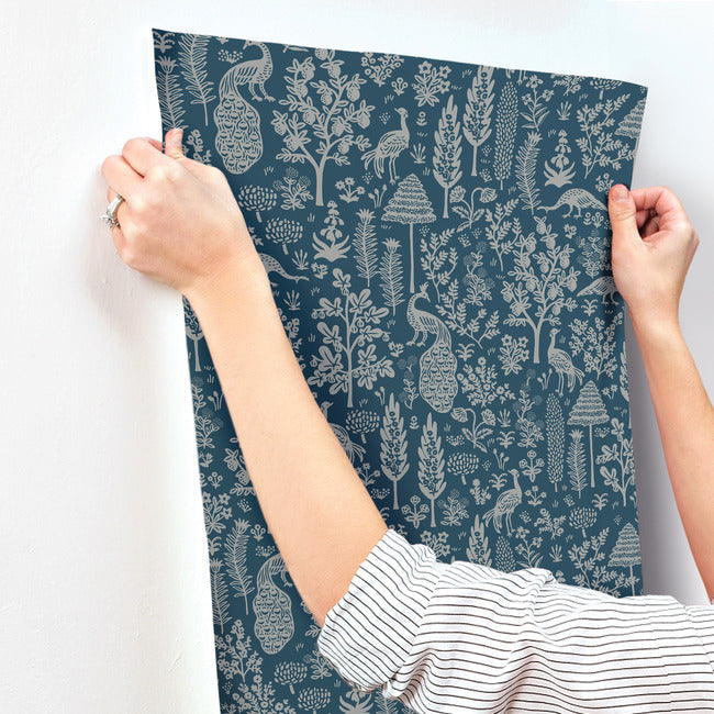 Rifle Paper Co Menagerie Toile Wallpaper - Navy & Metallic Silver