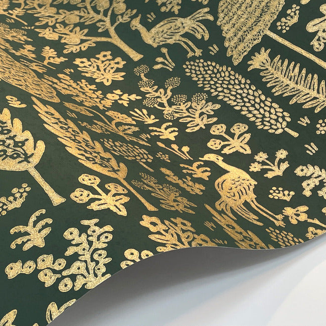 Rifle Paper Co Menagerie Toile Wallpaper - Emerald & Metallic Gold