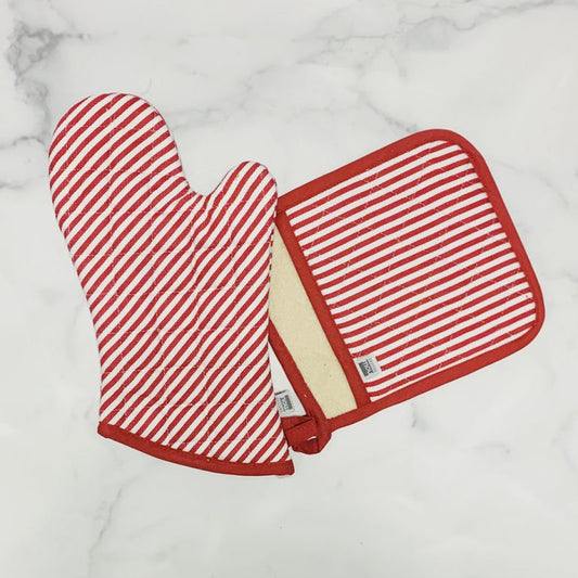 Pot Holder Oven Mitt Set - Pinstripe Red